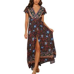 FASHION Multicolored Floral Print V-Neckline Side Slit Tropical Maxi Dress SizeL